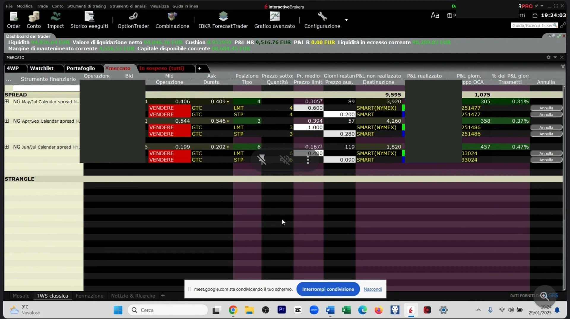 Piattaforma di trading con posizioni operative e dati identificativi oscurati