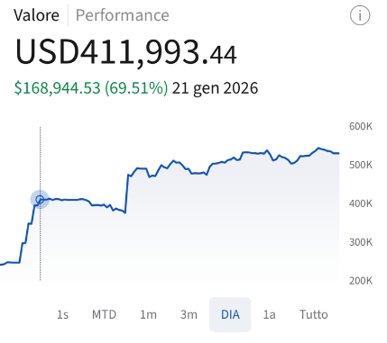 Schermata Interactive Brokers con portafoglio da 411.993 dollari e rendimento +69,51%